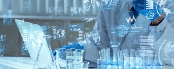 Various indiscernable metrics overlay a bench chemist working in a laboratory