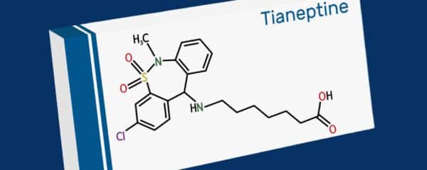 Tianeptine molecular structure diagram on a prescription box