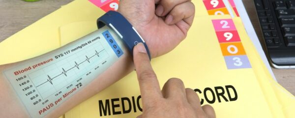 A patient's real time blood pressure readings are projected onto their arm via a smart watch