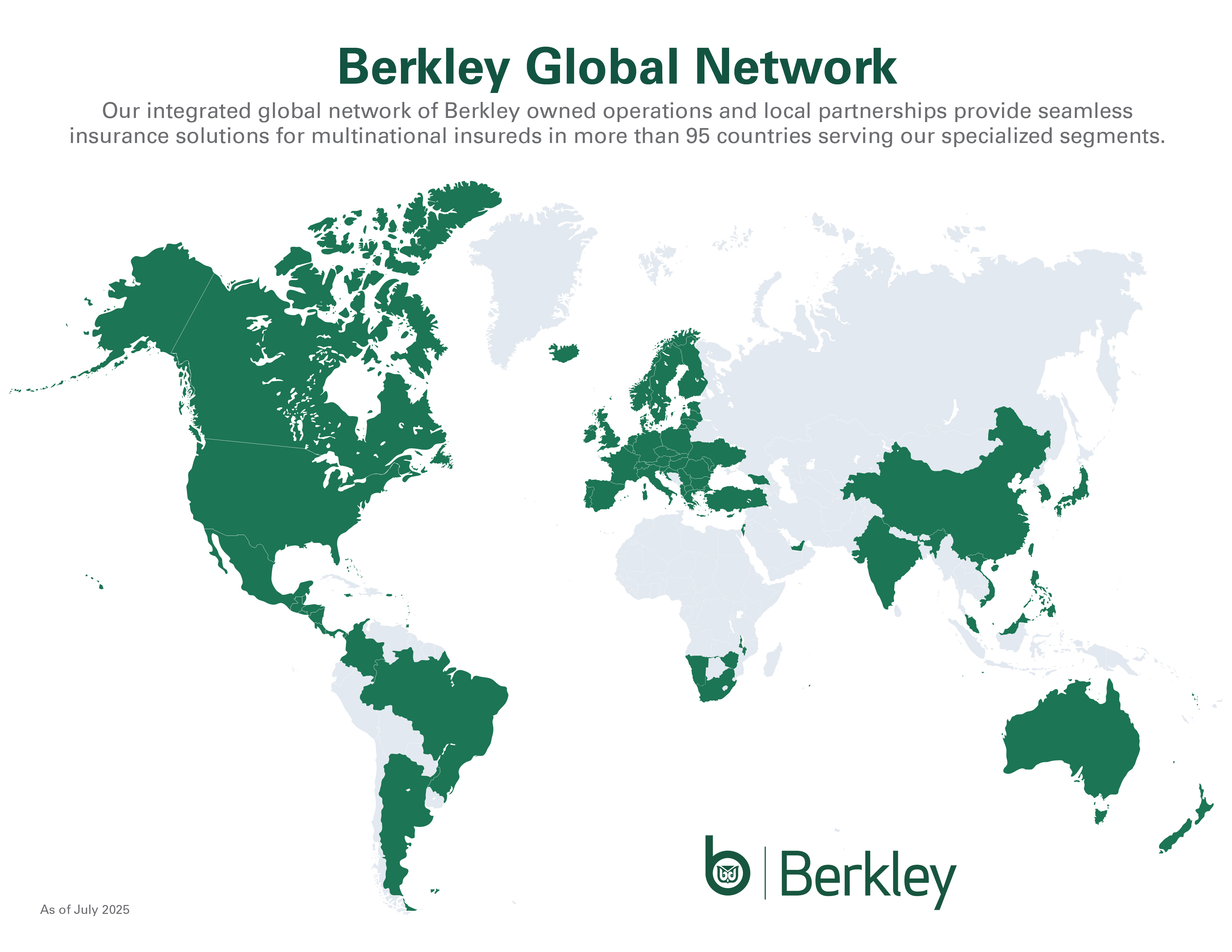 Map of world with caption: Our integrated global network of Berkley owned operations and local partnerships provide seamless insurance solutions for multinational insureds in more than 90 countries serving our specialized segments.